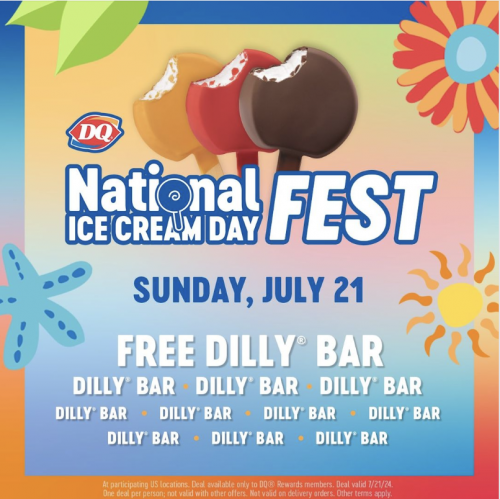 Dairy Queen Canada National Ice Cream Day 2024 Promotion: DQ Rewards Members Get a FREE DILLY Bar with a DQ App Order of $1 on July 21st